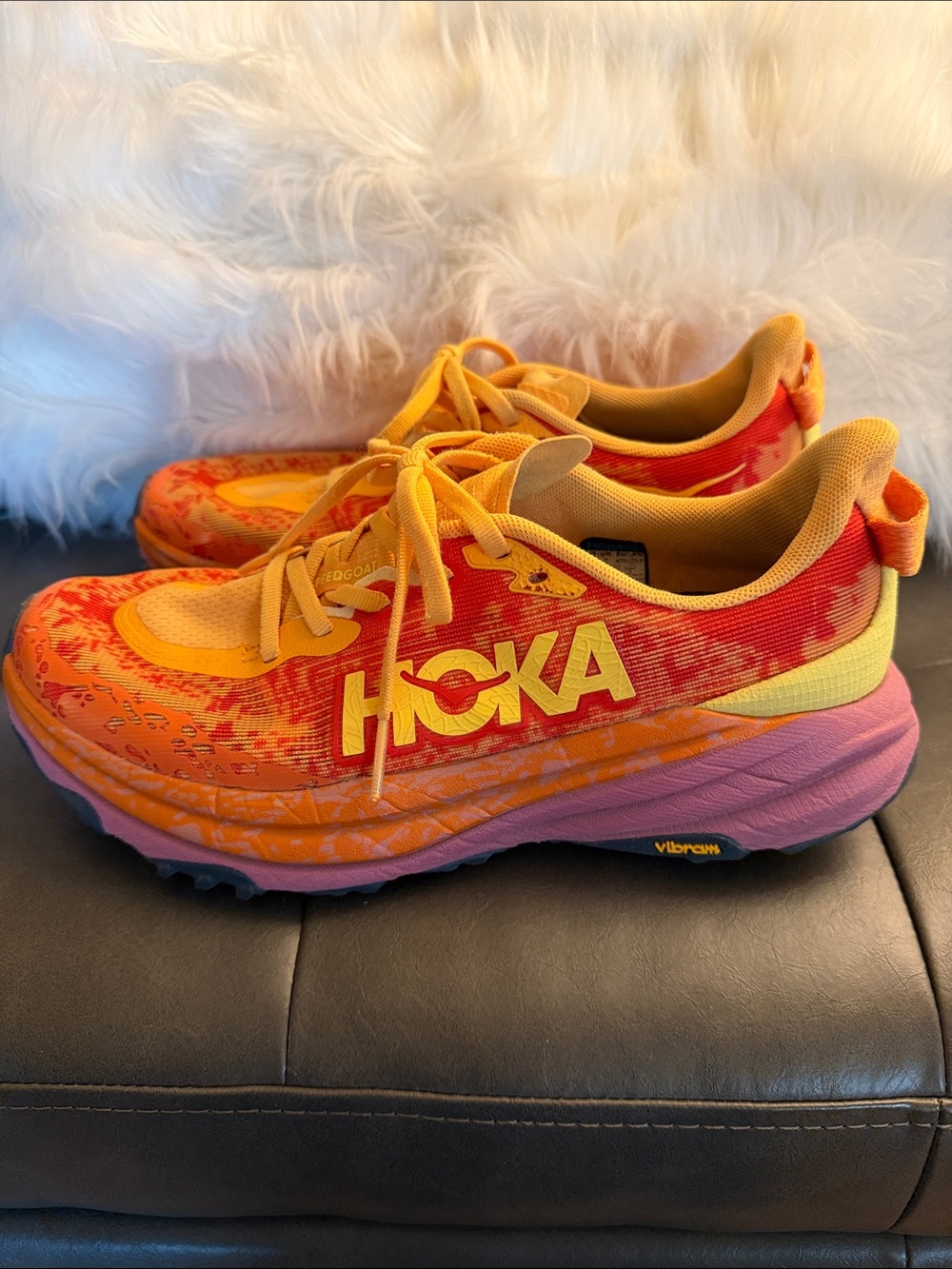 Hoka Speedgoat 6 Orange, Yellow & Pink Trail Sneakers 8.5
